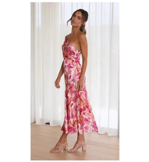 Elegant Floral One-Shoulder Midi Dress