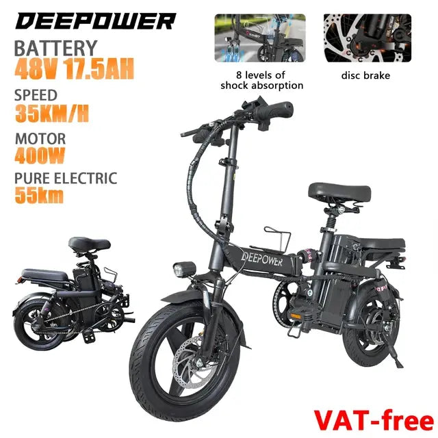 DEEPOWER Mini Foldable Ebike 500W 48V 30AH Removable Battery Multi-shock-absorbing Urban Electric Bicycle Bike for Aldult