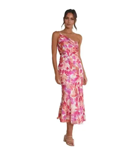 Elegant Floral One-Shoulder Midi Dress