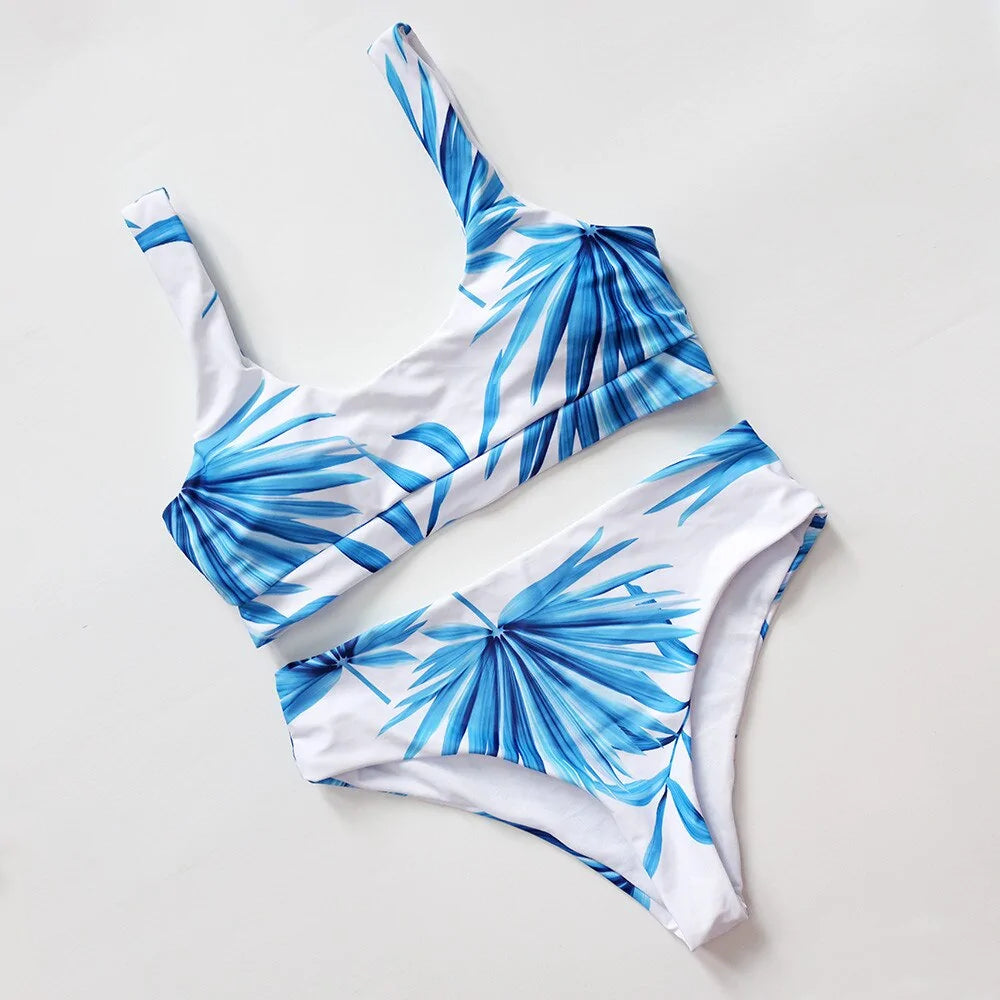 Tropical Palm Leaf High Waist Bikini: Scoop Neck White Swimwear for Women