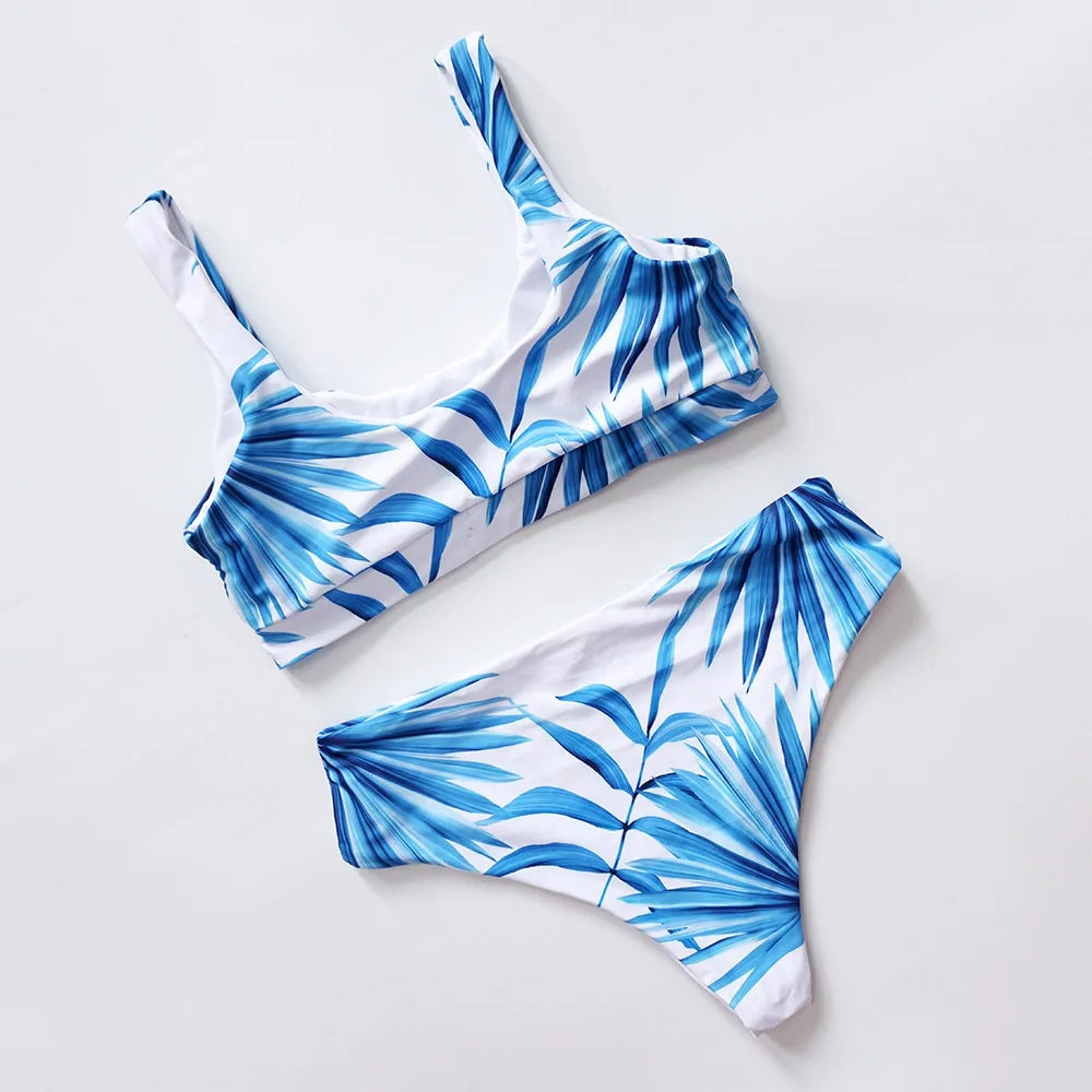 Tropical Palm Leaf High Waist Bikini: Scoop Neck White Swimwear for Women